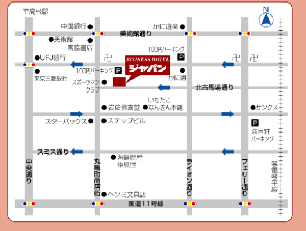 Ｔａｂｉｓｔ　ビジネスホテル　ジャパン　高松　香川への概略アクセスマップ