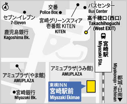 東横ＩＮＮ宮崎駅前への概略アクセスマップ