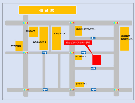 仙台ビジネスホテル駅前への概略アクセスマップ