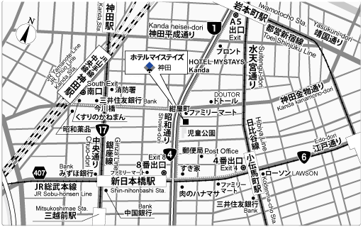 ホテルマイステイズ神田への概略アクセスマップ
