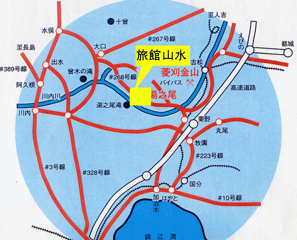 湯之尾温泉　旅館　山水への概略アクセスマップ