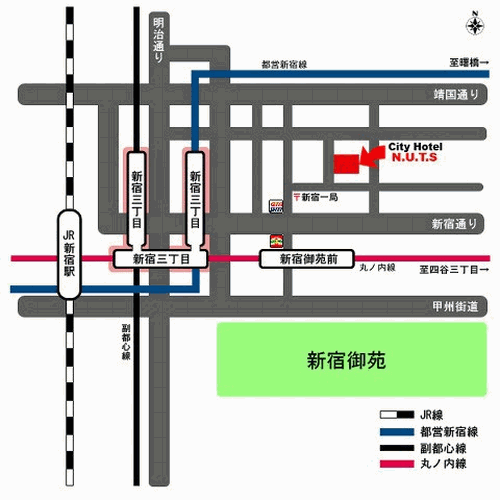 新宿ＣＩＴＹ　ＨＯＴＥＬ　Ｎ．Ｕ．Ｔ．Ｓ東京への概略アクセスマップ