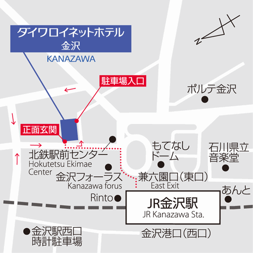 ダイワロイネットホテル金沢への概略アクセスマップ