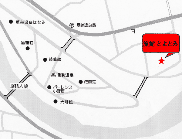 原鶴温泉　旅館　とよとみへの概略アクセスマップ