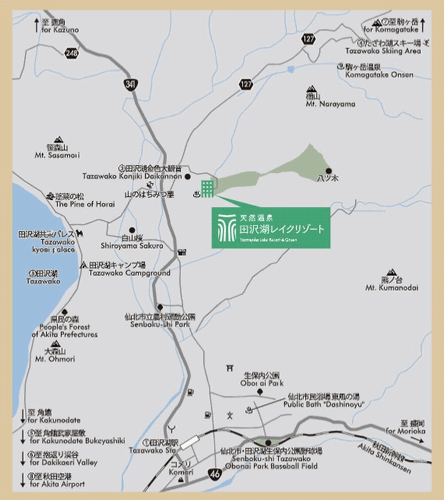 天然温泉　田沢湖レイクリゾートへの概略アクセスマップ
