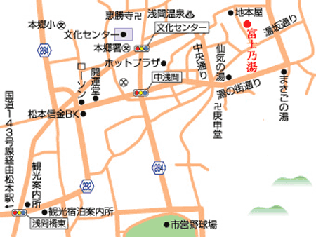 浅間温泉　四季彩々の隠れ宿　富士乃湯への概略アクセスマップ