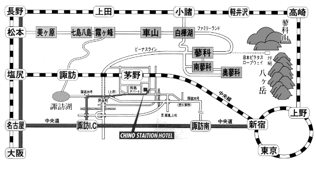 ちのステーションホテルへの概略アクセスマップ