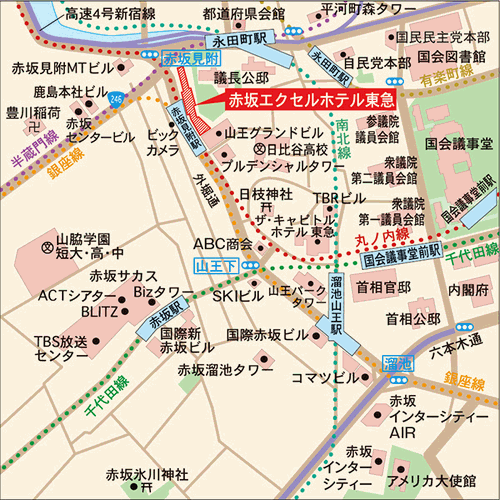 赤坂エクセルホテル東急への概略アクセスマップ