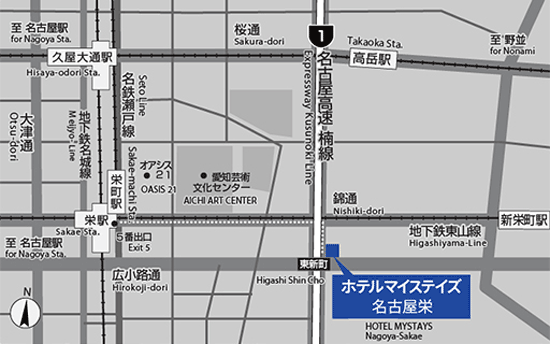 ホテルマイステイズ名古屋栄への概略アクセスマップ
