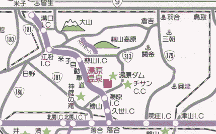 湯原温泉　湯原国際観光ホテル　菊之湯への概略アクセスマップ