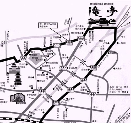 金沢犀川温泉　川端の湯宿「滝亭」への概略アクセスマップ