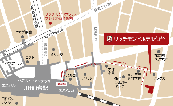 リッチモンドホテル仙台への概略アクセスマップ