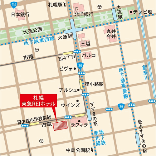 札幌東急ＲＥＩホテルへの概略アクセスマップ
