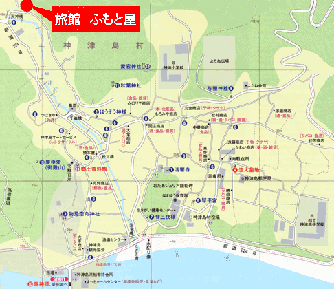 旅館　ふもと屋　＜神津島＞への概略アクセスマップ