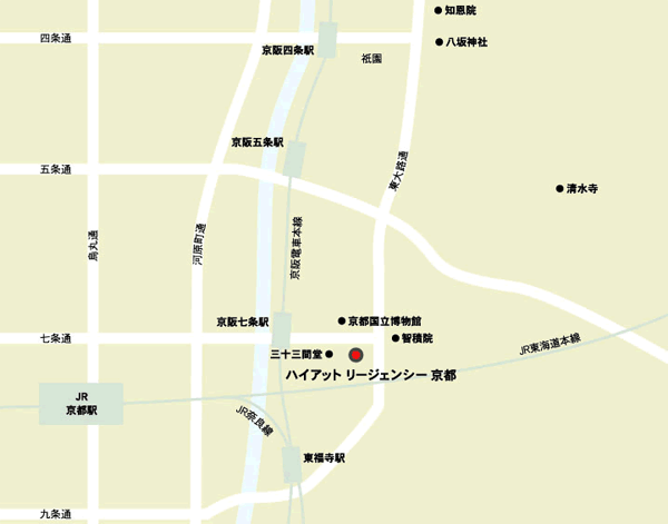 ハイアット　リージェンシー　京都への概略アクセスマップ