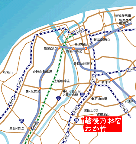 湯田上温泉　越後乃お宿　わか竹への概略アクセスマップ