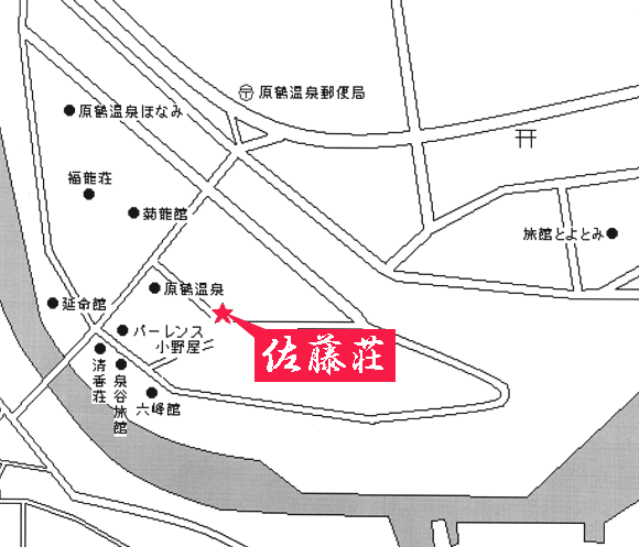 原鶴温泉　旅館　佐藤荘への概略アクセスマップ