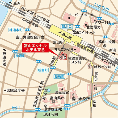 富山エクセルホテル東急への概略アクセスマップ