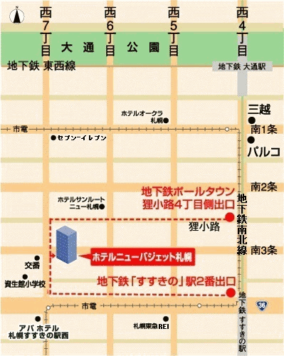 ホテルニューバジェット札幌への概略アクセスマップ