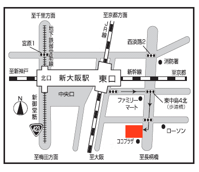 天然温泉　秀吉ゆかりの天下取りの湯　スーパーホテルＪＲ新大阪東口への概略アクセスマップ