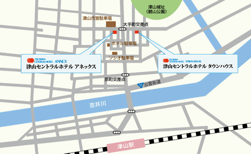 津山セントラルホテル　タウンハウス　津山城前（ＢＢＨホテルグループ）への概略アクセスマップ