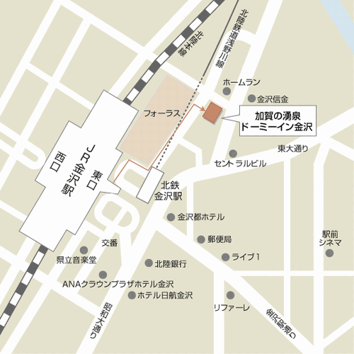 天然温泉　加賀の湧泉　ドーミーイン金沢（ドーミーイン・御宿野乃　ホテルズグループ）への概略アクセスマップ