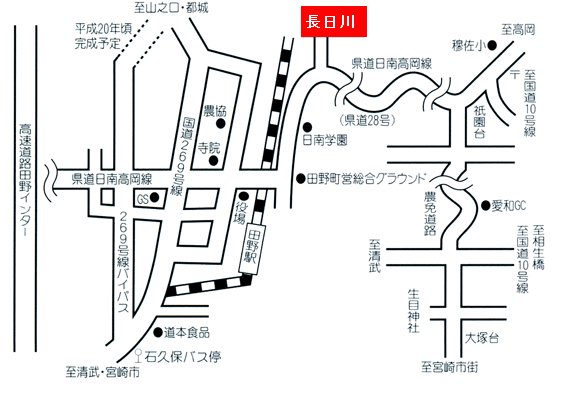 宮崎の奥座敷で楽しむ囲炉裏懐石の宿　長日川への概略アクセスマップ