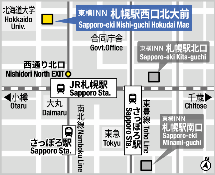 東横ＩＮＮ札幌駅西口北大前への概略アクセスマップ