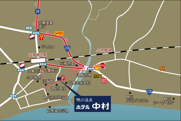 鴨川温泉　ホテル中村への概略アクセスマップ