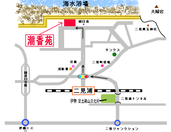 みそぎの湯　潮香苑への概略アクセスマップ