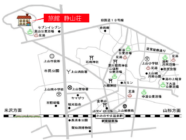 かみのやま温泉　旅館　静山荘への概略アクセスマップ