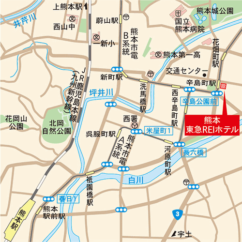 熊本東急ＲＥＩホテルへの概略アクセスマップ