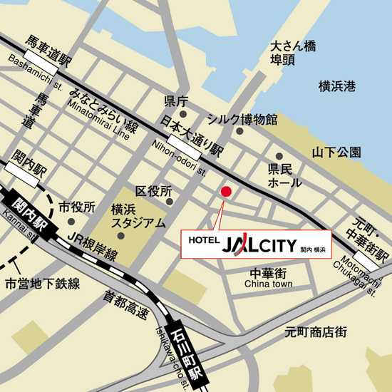 ホテルＪＡＬシティ関内　横浜への概略アクセスマップ