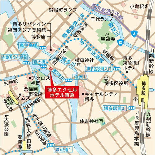 博多エクセルホテル東急への概略アクセスマップ