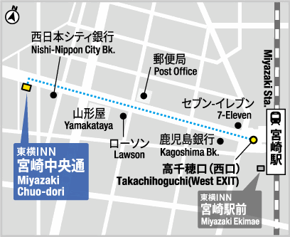 東横ＩＮＮ宮崎中央通への概略アクセスマップ