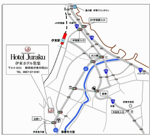 伊東ホテルジュラクへの概略アクセスマップ