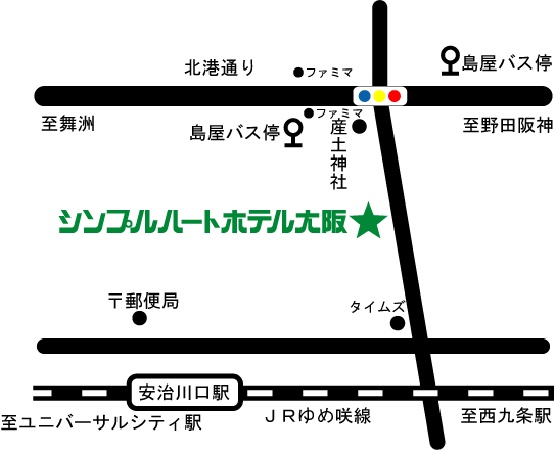 シンプルハートホテル大阪への概略アクセスマップ