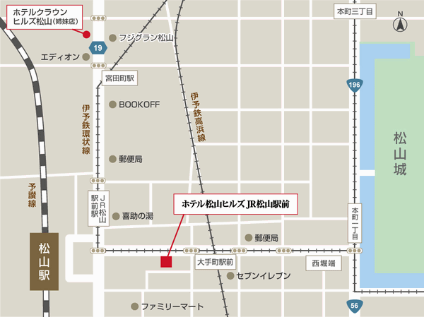 ホテル松山ヒルズ　ＪＲ松山駅前（ＢＢＨホテルグループ）への概略アクセスマップ