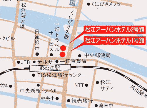 松江アーバンホテルへの概略アクセスマップ