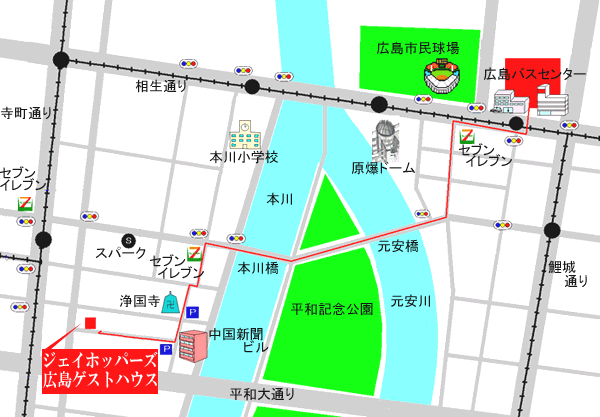 ジェイホッパーズ広島ゲストハウスへの概略アクセスマップ