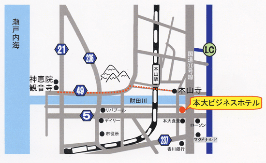 Ｔａｂｉｓｔ　本大ビジネスホテル　観音寺への概略アクセスマップ