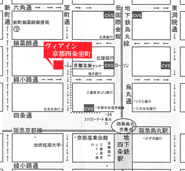 ヴィアイン京都四条室町（ＪＲ西日本グループ）への概略アクセスマップ