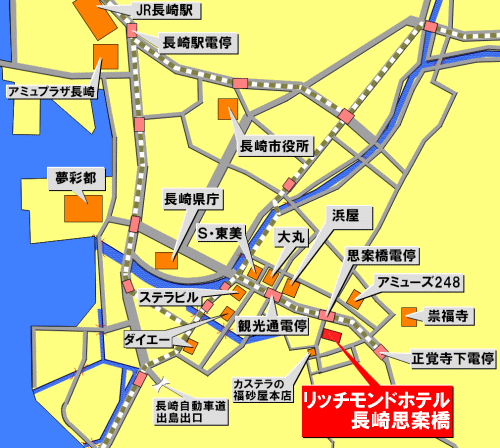 リッチモンドホテル長崎思案橋への概略アクセスマップ
