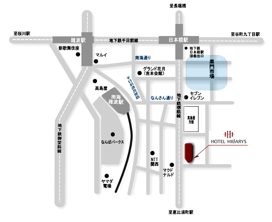 ホテル　ヒラリーズへの概略アクセスマップ