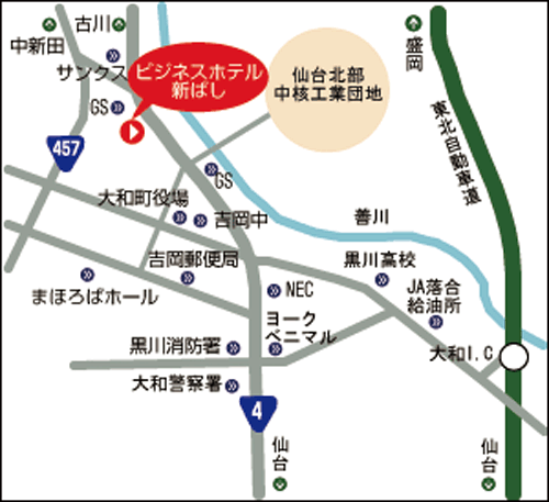 ビジネスホテル新ばし＜宮城県＞への概略アクセスマップ