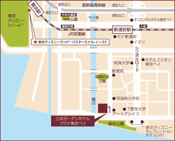 三井ガーデンホテル　プラナ東京ベイへの概略アクセスマップ