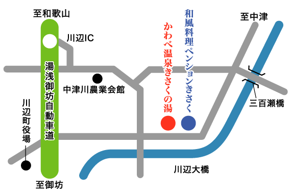 かわべ温泉　お宿　喜作への概略アクセスマップ