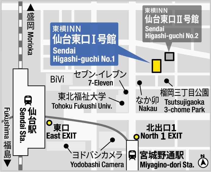 東横ＩＮＮ仙台東口１号館への概略アクセスマップ