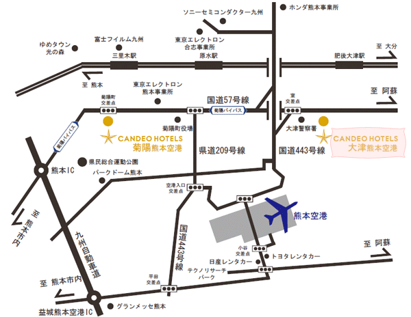 ＣＡＮＤＥＯ　ＨＯＴＥＬＳ（カンデオホテルズ）大津熊本空港への概略アクセスマップ