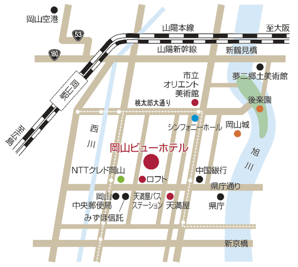 岡山ビューホテル（日本ビューホテルチェーン）への概略アクセスマップ